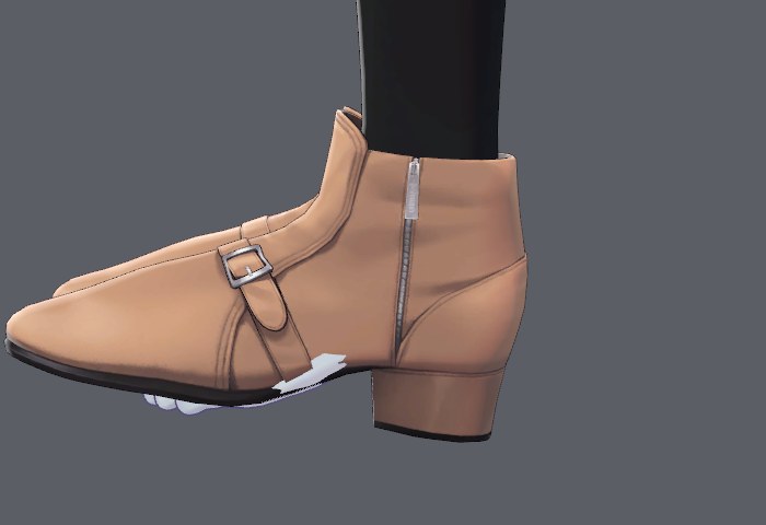 衣装の Highheel が 0 のブーツ。靴のつま先が浮いている。