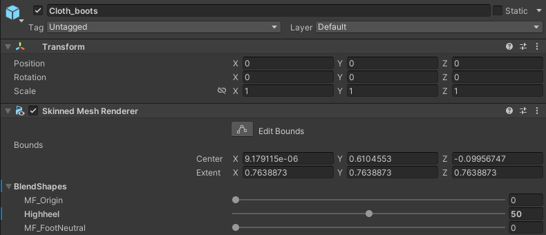 Cloth_boots の Inspector。Skinned Mesh Renderer の BlendShapes に MF_Origin 0、Highheel 50、MF_FootNeutral 0。